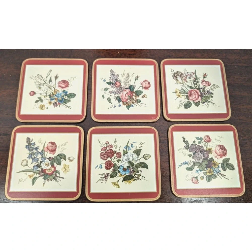 Vintage Pimpernel Floral Coasters Set of 6 Roses Cork Back Made in England Box